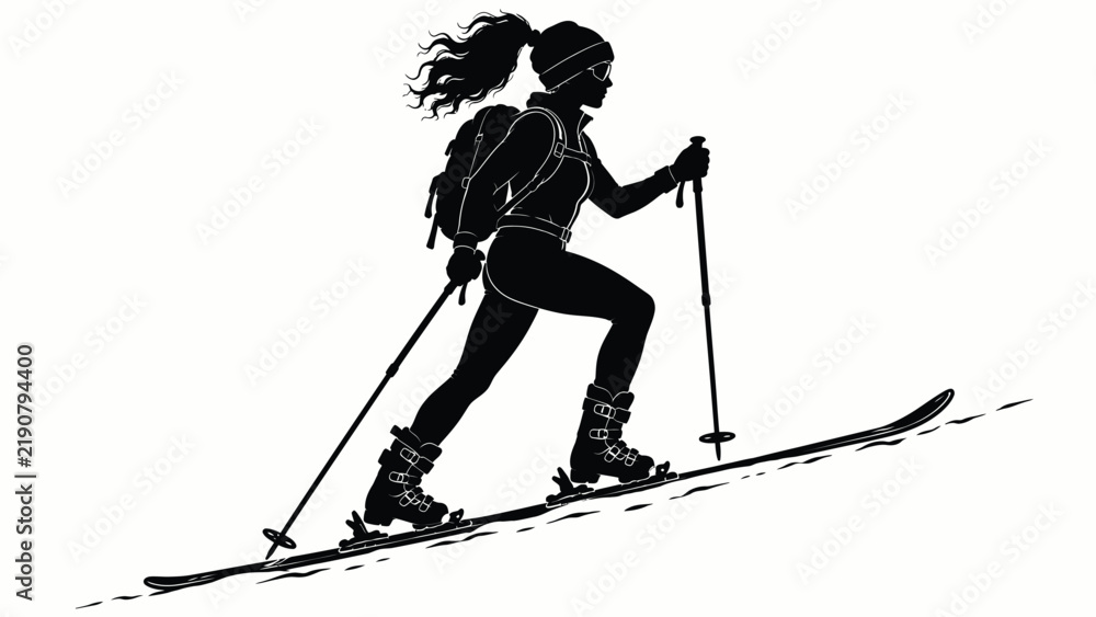 Fototapeta premium Black silhouette of a female skier gliding downhill on snow with ski poles, isolated winter sports illustration on a clean white background