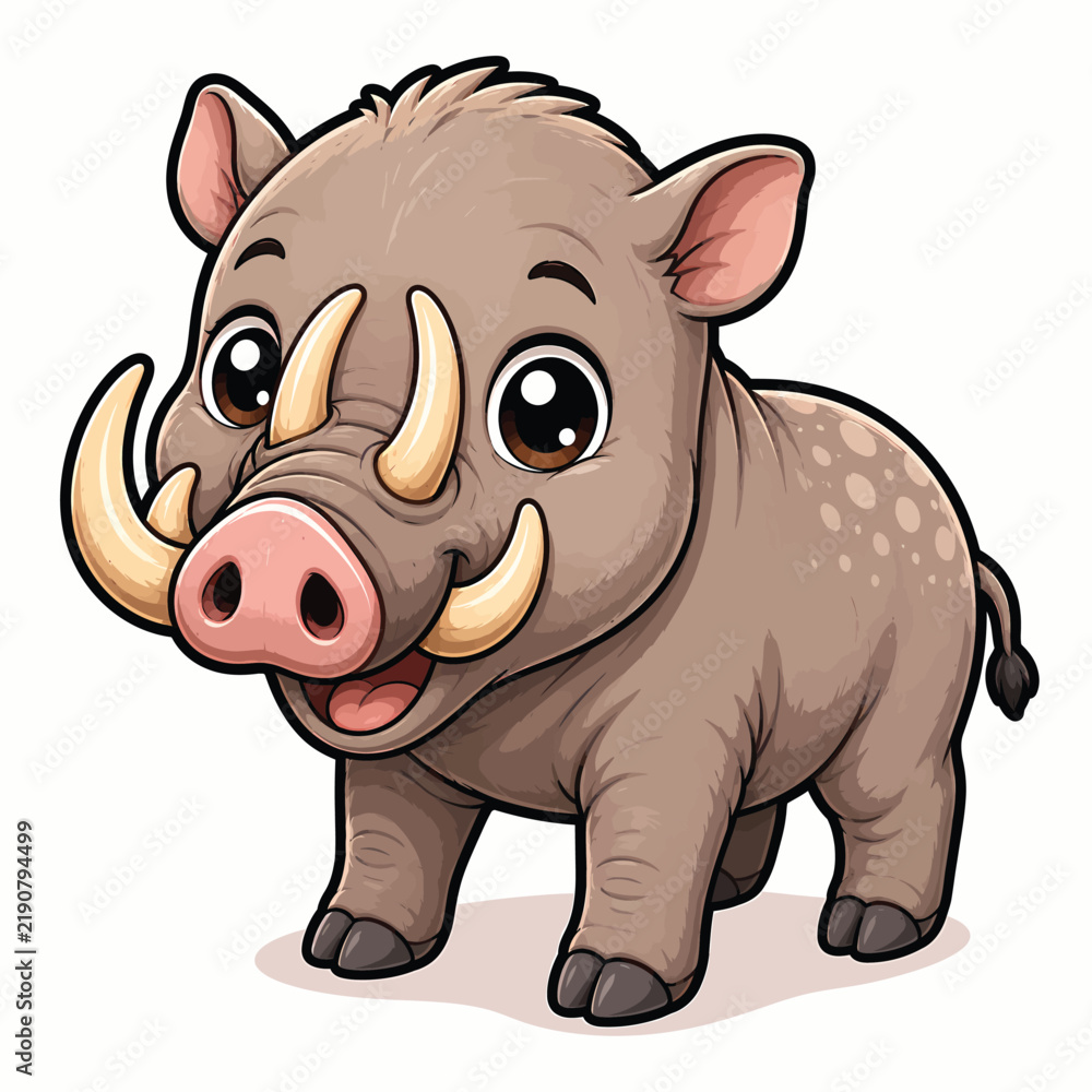 Fototapeta premium Cute cartoon warthog with large curved tusks, rounded body, expressive eyes, and detailed brown skin, isolated on a white background