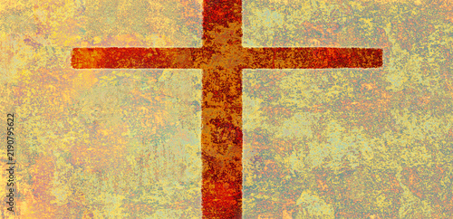 multicolored textural paint background with red cross