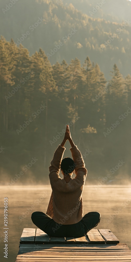 Fototapeta premium Person practicing seated yoga on a lakeside pier at dawn with misty forest backdrop for meditation background and wellness design