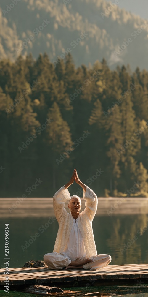 Fototapeta premium Senior man practicing seated yoga meditation on a wooden dock by a calm lake at sunrise with forest reflection for wellness poster and background design