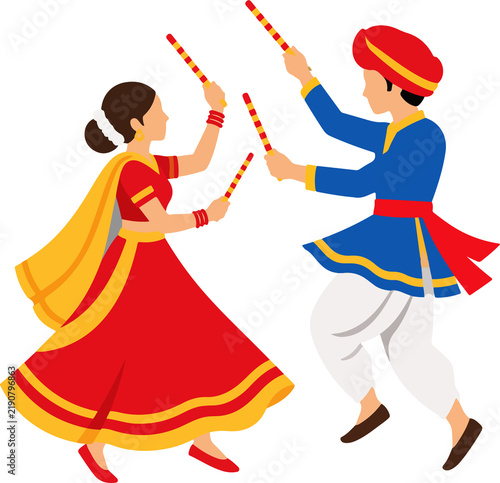 Traditional Indian Garba Dandiya Dance Couples, Colorful Flat Vector Collection