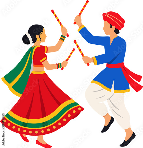 Traditional Indian Garba Dandiya Dance Couples, Colorful Flat Vector Collection
