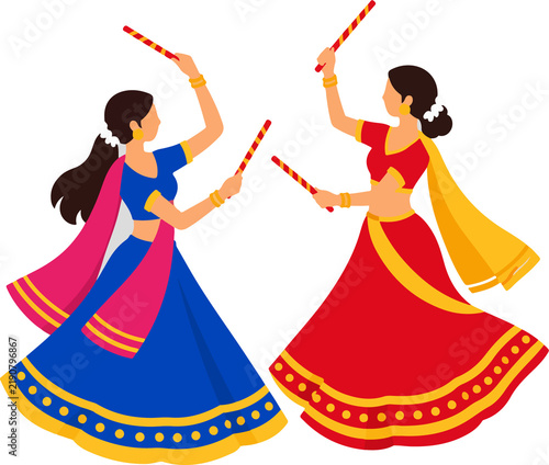 Traditional Indian Garba Dandiya Dance Couples, Colorful Flat Vector Collection
