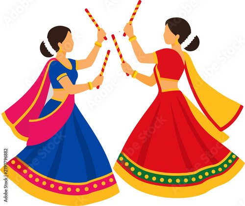 Traditional Indian Garba Dandiya Dance Couples, Colorful Flat Vector Collection