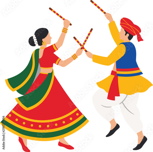 Traditional Indian Garba Dandiya Dance Couples, Colorful Flat Vector Collection