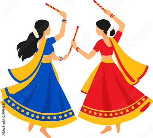 Traditional Indian Garba Dandiya Dance Couples, Colorful Flat Vector Collection