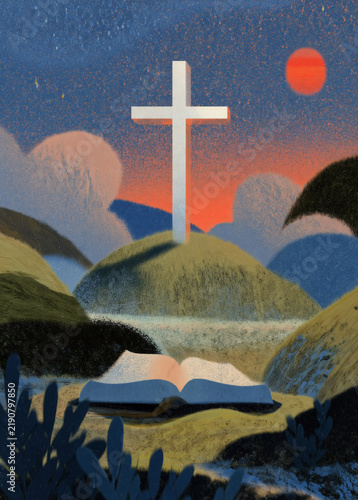 Christian faith illustration with open Bible and white cross in peaceful mountain landscape