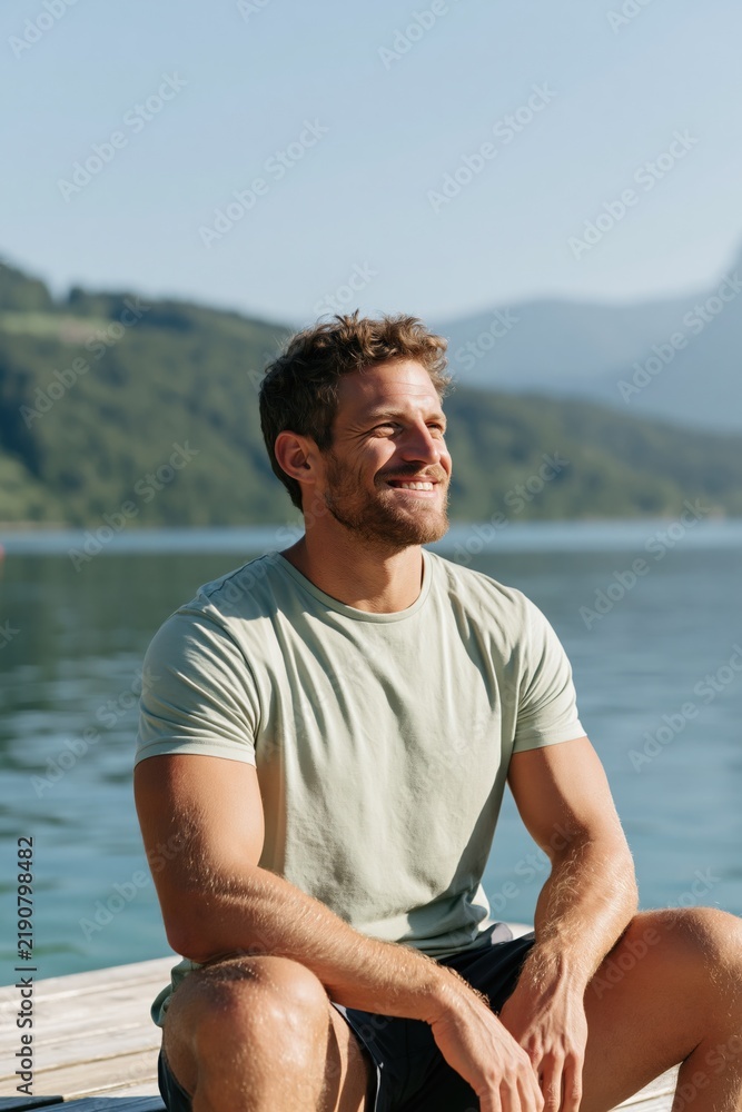 Fototapeta premium Man sitting on a lakeside dock smiling and enjoying the sun for lifestyle banner and travel background