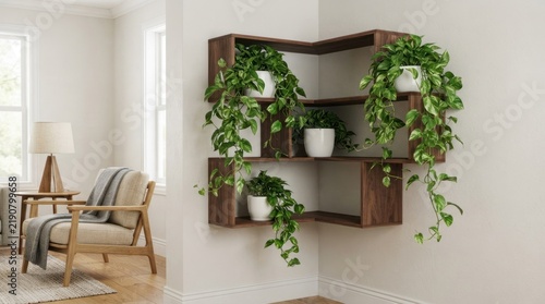 Dark wood corner shelf unit with hanging green plants.