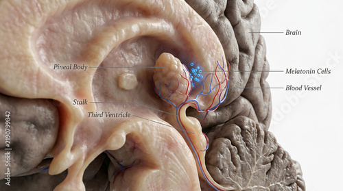 Close-up of human brain showing pineal body, stalk, third ventricle, melatonin cells.