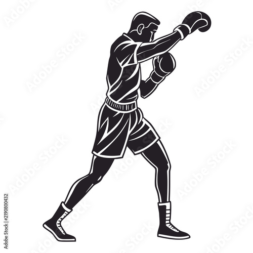 Foto Black and white silhouette of a professional boxer in a fighting stance with box