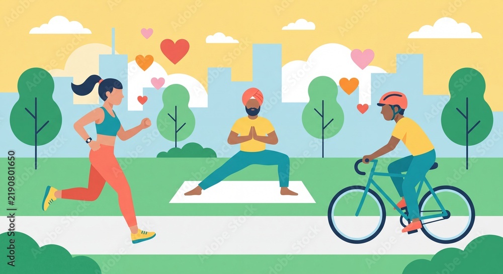 Fototapeta premium People exercising outdoors in a park with floating hearts