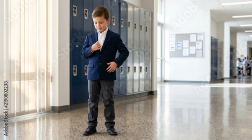 Young boy adjusts navy blazer in bright school hallway with natural light, offering ample copy space