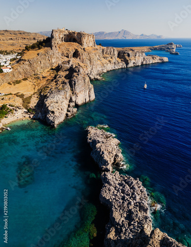 Aerial View Lindos Acropolis Rocky Coastline. Greece