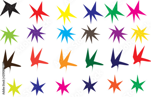 A colorful array of various star-shaped graphic design elements arranged on a clean white background