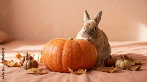 Cute rabbit peeking from behind a large pumpkin with autumn leaves