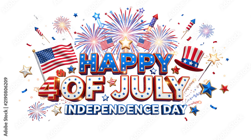 Obraz premium Festive happy fourth of july independence day greeting card design with fireworks and flags