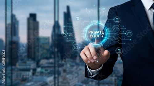 A businessman interacting with a futuristic private equity technology internet concept.