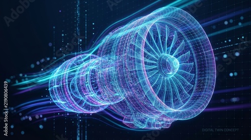 Digital twin concept represented by a glowing 3D wireframe model of a turbine engine.