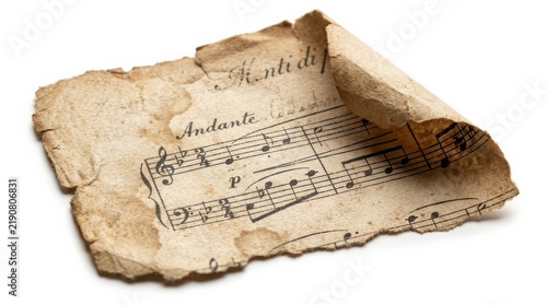 Old vintage music sheet with a ripped paper scrap and faded musical notes isolated on white.