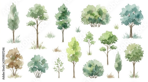 Collection of different tree shapes and sizes in watercolor for architectural plans.