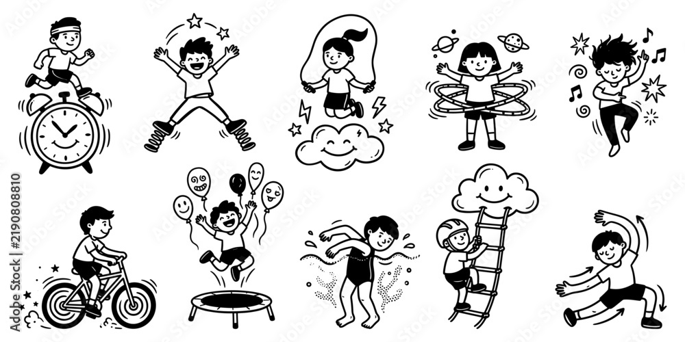 Fototapeta premium Active energetic kids playing sports and having fun set, running, jumping rope, hula hoop, bicycle, trampoline, and gymnastics vector