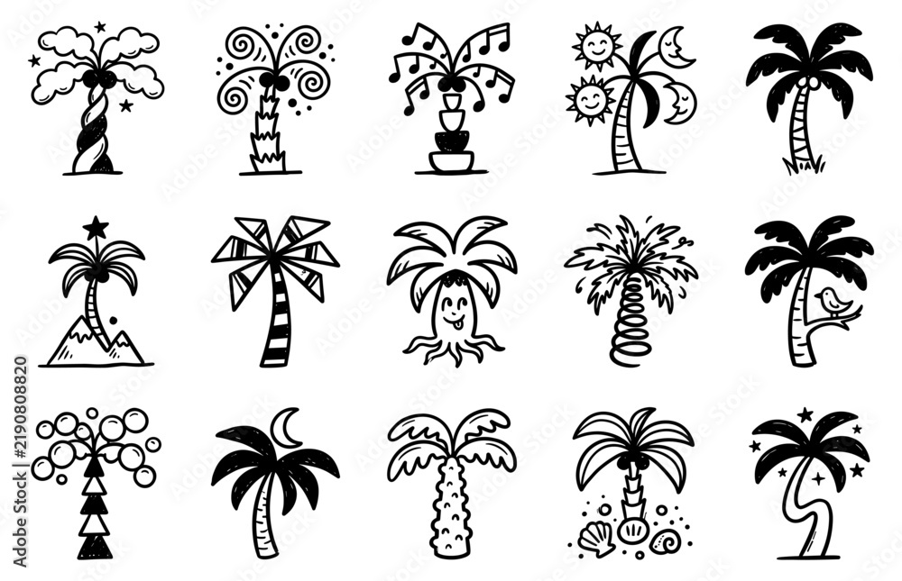 Obraz premium Abstract stylized palm trees doodle icons set, creative tropical coconut palms, geometric summer beach flora, music notes, and starry night vector
