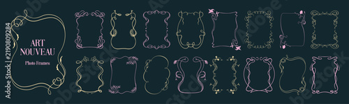 Art Nouveau decorative frame border collection on dark background. Ornate floral filigree, baroque scroll and elegant vintage frames for certificate, wedding card and premium menu illustration