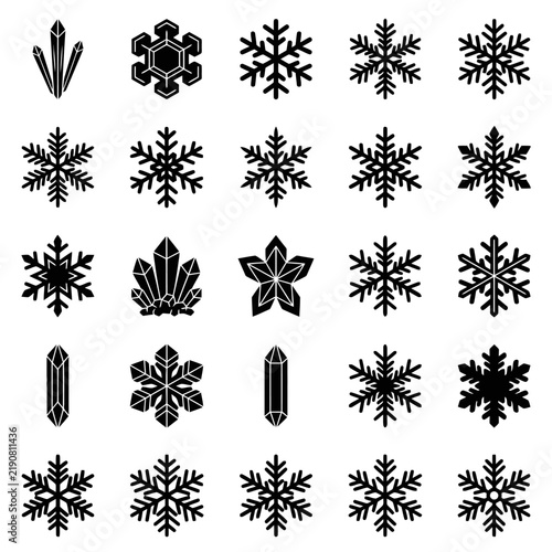 Vector collection of winter snowflake icons and geometric ice crystal shapes for graphic design projects