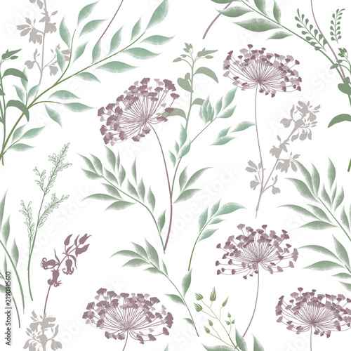 Flourish meadow grasses seamless pattern. Branch, flowers, leaves, grass, flowers gentle meadow texture. Floral nature summer garden textured background
