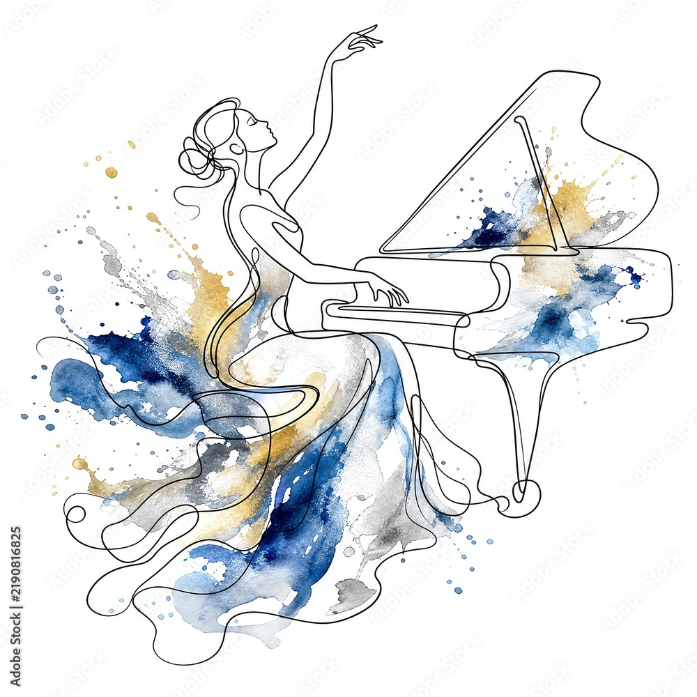 Fototapeta premium One Line Pianist Lifting Hand After Final Chord