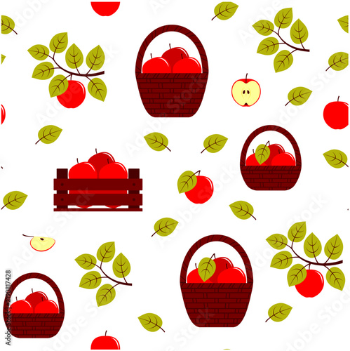 seamless texture with apples, baskets, twigs and leaves on white background