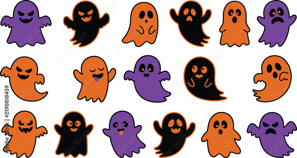 Obraz premium Collection of cute halloween ghost characters in orange purple and black