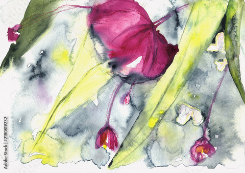 Abstract Magenta Flowers and Green Leaves, Expressive Hand-Painted Watercolor
