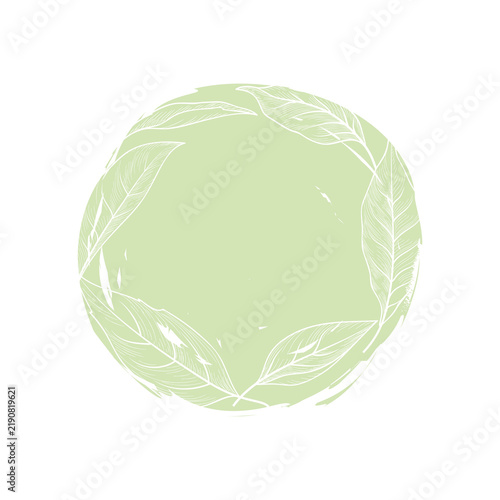 Flourish leaves natural background. Round shape frame for product label with leaf. Good decoration for local farm market design element