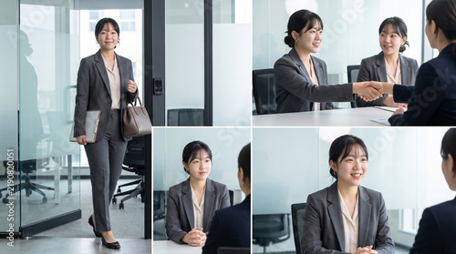 Naklejka 面接への到着、握手、話し合いの場面をまとめた若い日本人女性のコンピレーションモンタージュ