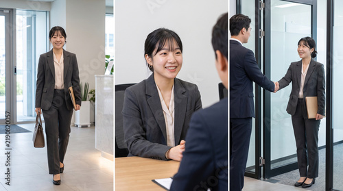 Naklejka オフィスへの入室、面接での話し合い、挨拶の場面をまとめた若い日本人女性のコンピレーションモンタージュ