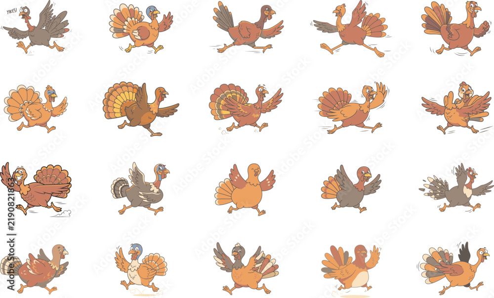 Fototapeta premium Set of funny cartoon turkeys running and moving in different poses for thanksgiving holiday season theme