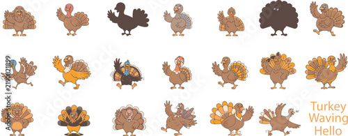 Set of cute cartoon turkey birds waving hello and standing in various funny poses for thanksgiving day