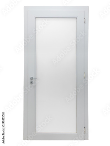 Contemporary white wooden door for indoor use, featuring a large vertical frosted glass window panel, a modern silver handle with a keyhole, isolated on white with clipping path