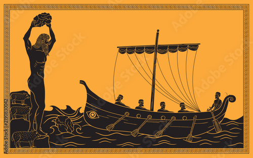 Odysseus and his crew escaping from blinded Polyphemus
