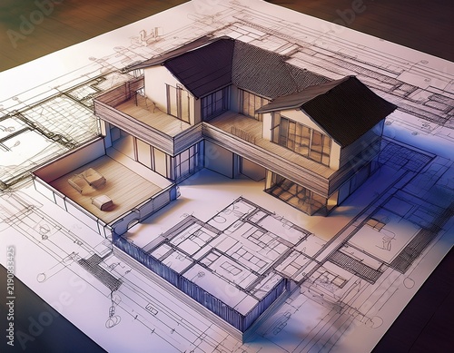 computer cad 3d rendering of a house plan mockup of house design in 3d cad drafting in revit or autocad ai