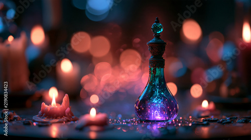 Magic Potion Bottle Glowing Surrounded by Candles