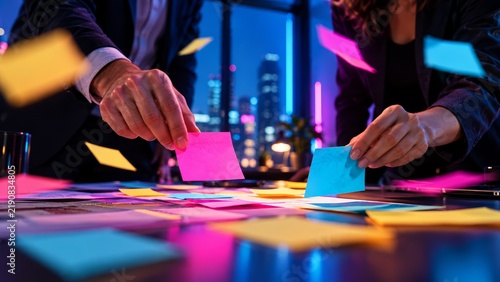 Two businesspeople working together in the dark using colorful sticky notes for brainstorming.