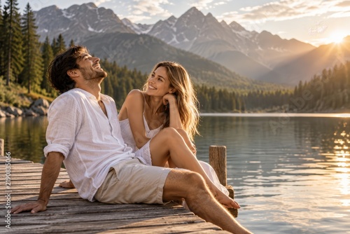 Young couple laughing and bonding with love on a wooden jetty by a calm lake during summer holiday.