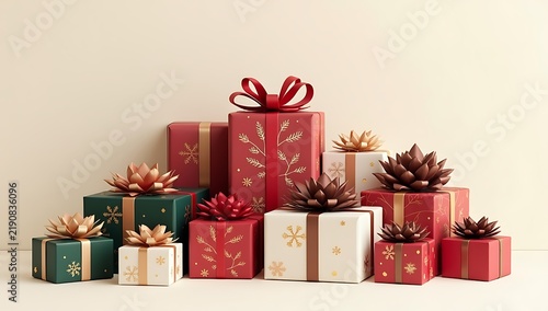 Many colorful gift boxes with shiny ribbons and bows for christmas and holiday celebration events