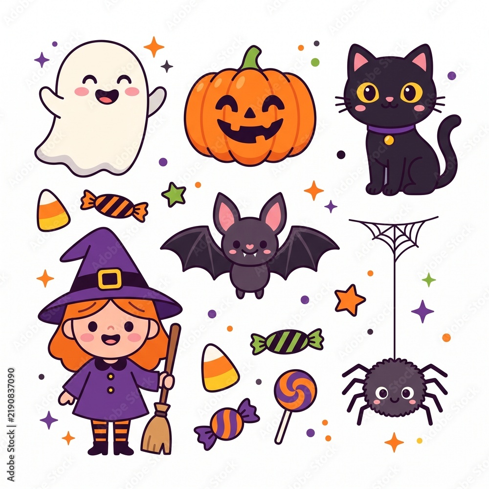 Fototapeta premium Cute Halloween Cartoon Character Set with Ghost Pumpkin Witch and Black Cat