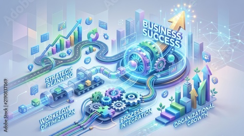 Business Process Optimization and Strategic Planning Concept with Growth Charts and Integrated Workflow
