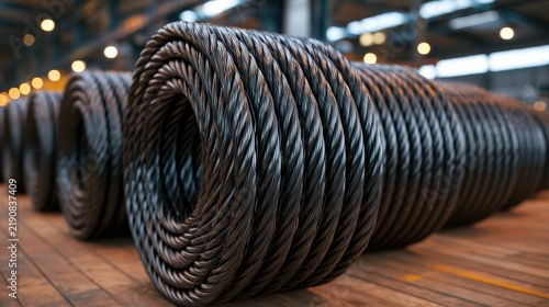 Obraz na płótnie Close-up of steel wire rope coils in a warehouse, highlighting industrial scale and inventory management.